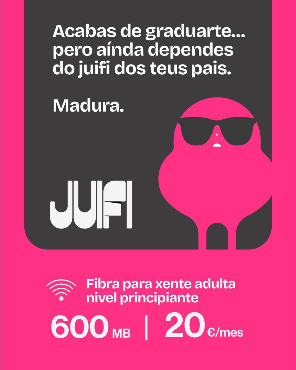 JUIFIgal's tweet photo. 📚 Tanto estudo para seguir colgado do wifi dos teus pais?
📅 En 2025?
Non era ese o plan...

🔌 JUIFI – 600MB por 20€/mes.
Non hai escusas.

#OlaSomosJUIFI #WifiPropioXa #ModoAdultoON #InternetGalego #FibraGalega https://t.co/PFm28wbshB