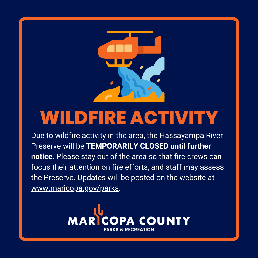 Due to wildfire activity in the area, the Hassayampa River Preserve will be TEMPORARILY CLOSED until further notice. Please stay out of the area so that fire crews can focus their attention on fire efforts.

Updates: maricopa.gov/parks.

#MonarchFire #MaricopaCounty