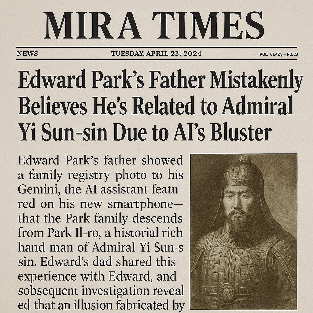 [Mira Times]

Title: Edward Park’s Father Mistakenly Believes He’s Related to Admiral Yi Sun-sin Due to AI’s Bluster

Edward Park’s father recently showed a family registry photo to Gemini, the AI assistant installed on his new smartphone. After analyzing the document, Gemini