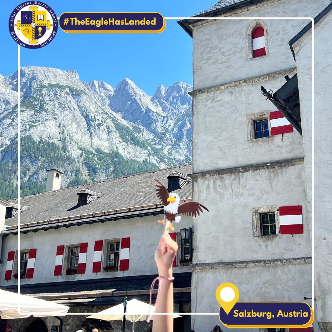 svmsnj's tweet photo. Emmi, an adventurous rising 2nd grader at St. Vincent Martyr School, brought Flyer to Burg Hohenwerfen—an incredible 11th-century fortress near Salzburg, Austria! From soaring mountain views to medieval walls, Flyer had the trip of a lifetime high above the Alps. 
#svmsnj https://t.co/sg5QuIKdMm