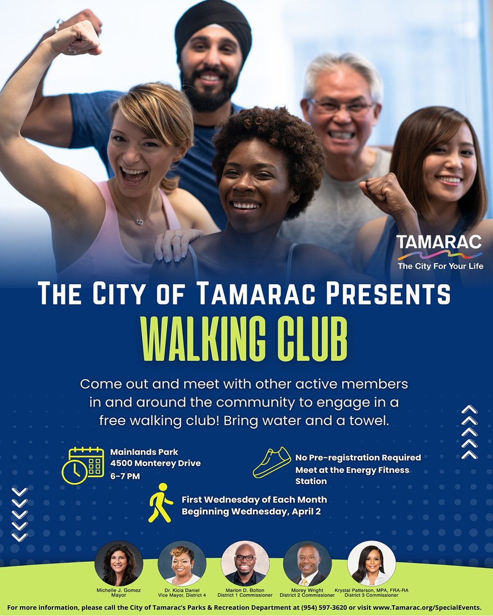 TODAY
🚶‍♂️ Join the Tamarac Walking Club! 🚶‍♀️ 
Get active, meet new friends and enjoy a free community walk at Mainlands Park, 4500 Monterey Dr. Attendees will meet at the Energy Fitness Station at 6 p.m. The Walking Club meets on the first Wednesday of each month.