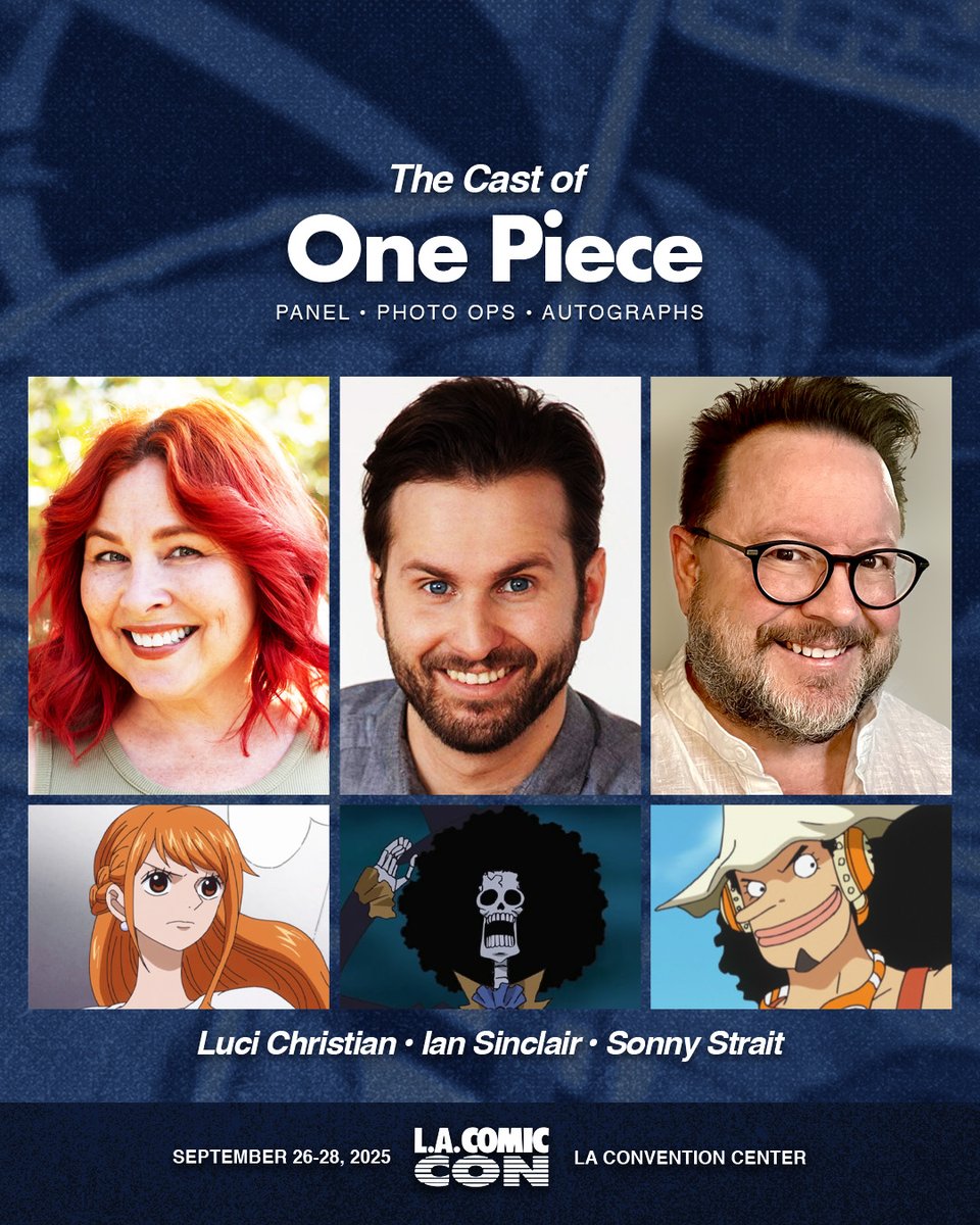 The cast of One Piece is heading to Los Angeles Comic Con 🏴‍☠️ The voices of Nami, Brook, and Usopp will be joining us Friday, Saturday, and Sunday for autographs, photo ops, and a panel.

Get Autographs &amp; Photo Ops: bit.ly/4jOFZsa
Get 1-Day Early Bird Tickets: