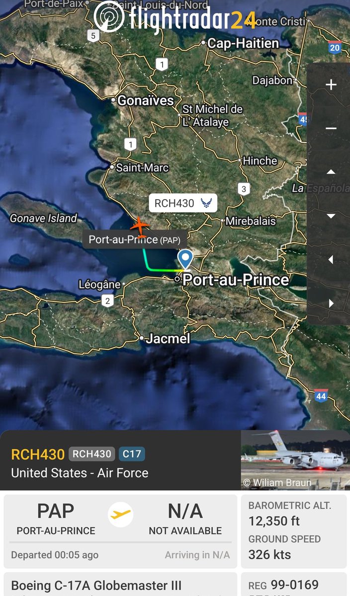 sipjack1776's tweet photo. C-17A
#AE080F
99-0169/RCH430
Charleston>Port-au-Prince 
Now tracking N out of PAP
@Borrowed7Time https://t.co/XE4GGhsHIX