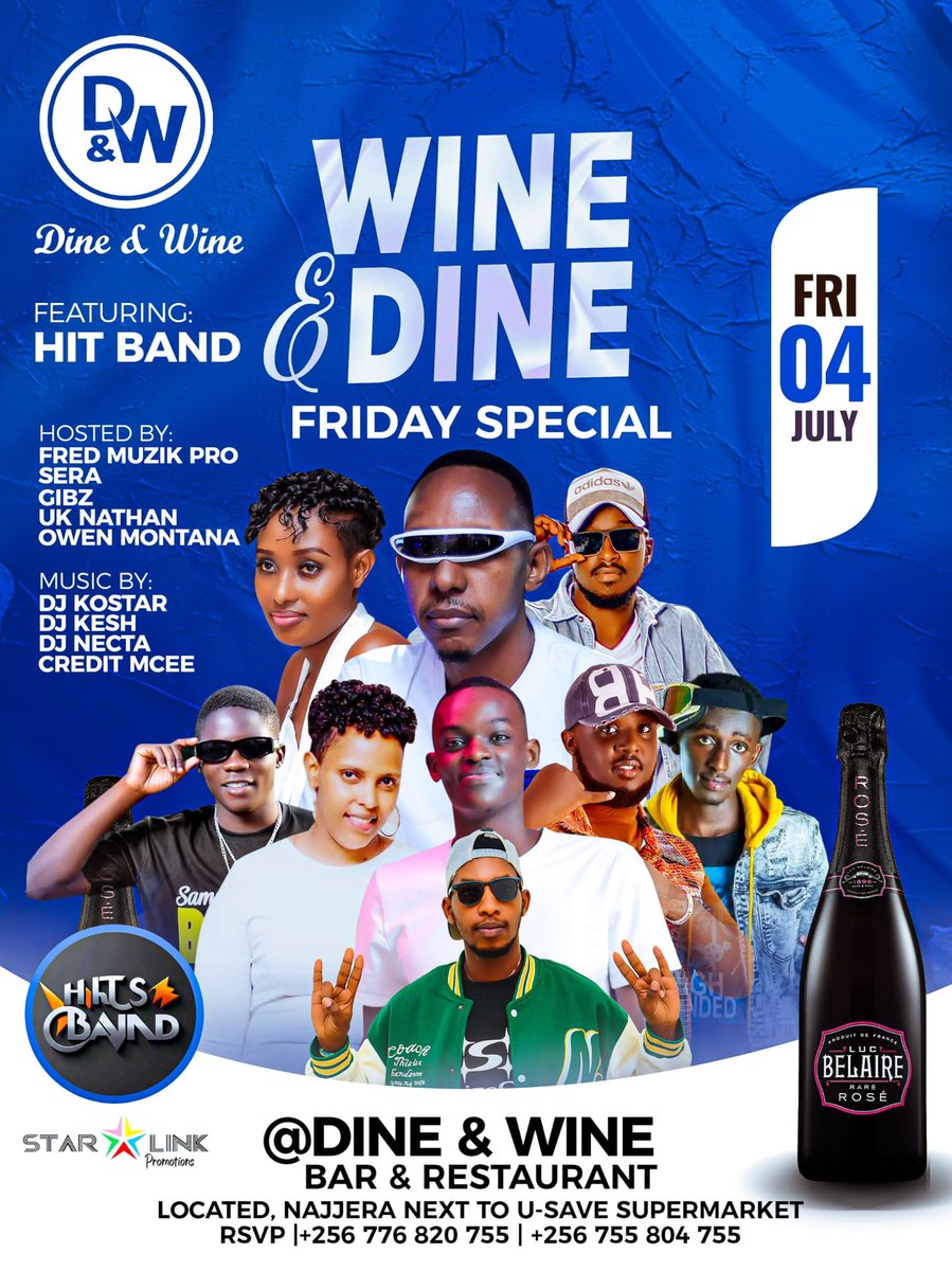 🎶🍷 FRIDAY JUST GOT BETTER! 🍷🎶

Join us this Friday, July 4th at DINE &amp; WINE Bar &amp; Restaurant – Kiwatule for the WINE &amp; DINE FRIDAY SPECIAL! 💃🏽🕺🏽

🔥 Featuring the electrifying Hit Band performing LIVE!

🎤 Hosted by: Fred Muzik Pro
Sera
Gibz
UK Nathan
Owen Montana

🎧 Music