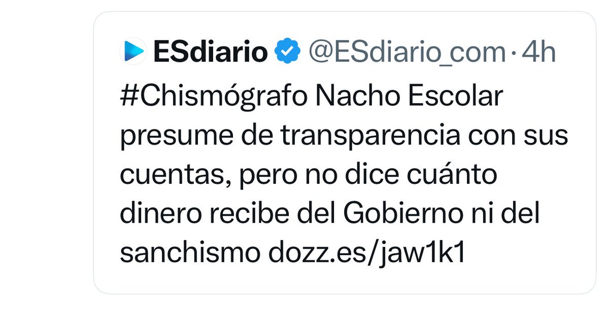 Ignacio Escolar (@iescolar) on Twitter photo Falso. Los datos de publicidad institucional de <a href="/eldiarioes/">elDiario.es</a> (del Gobierno y de las demás administraciones) están en el punto 9 de nuestro informe de cuentas.
eldiario.es/escolar/cuenta…
Que ya podían hacer lo mismo otros medios, por cierto. Falso. Los datos de publicidad institucional de <a href="/eldiarioes/">elDiario.es</a> (del Gobierno y de las demás administraciones) están en el punto 9 de nuestro informe de cuentas.
eldiario.es/escolar/cuenta…
Que ya podían hacer lo mismo otros medios, por cierto.