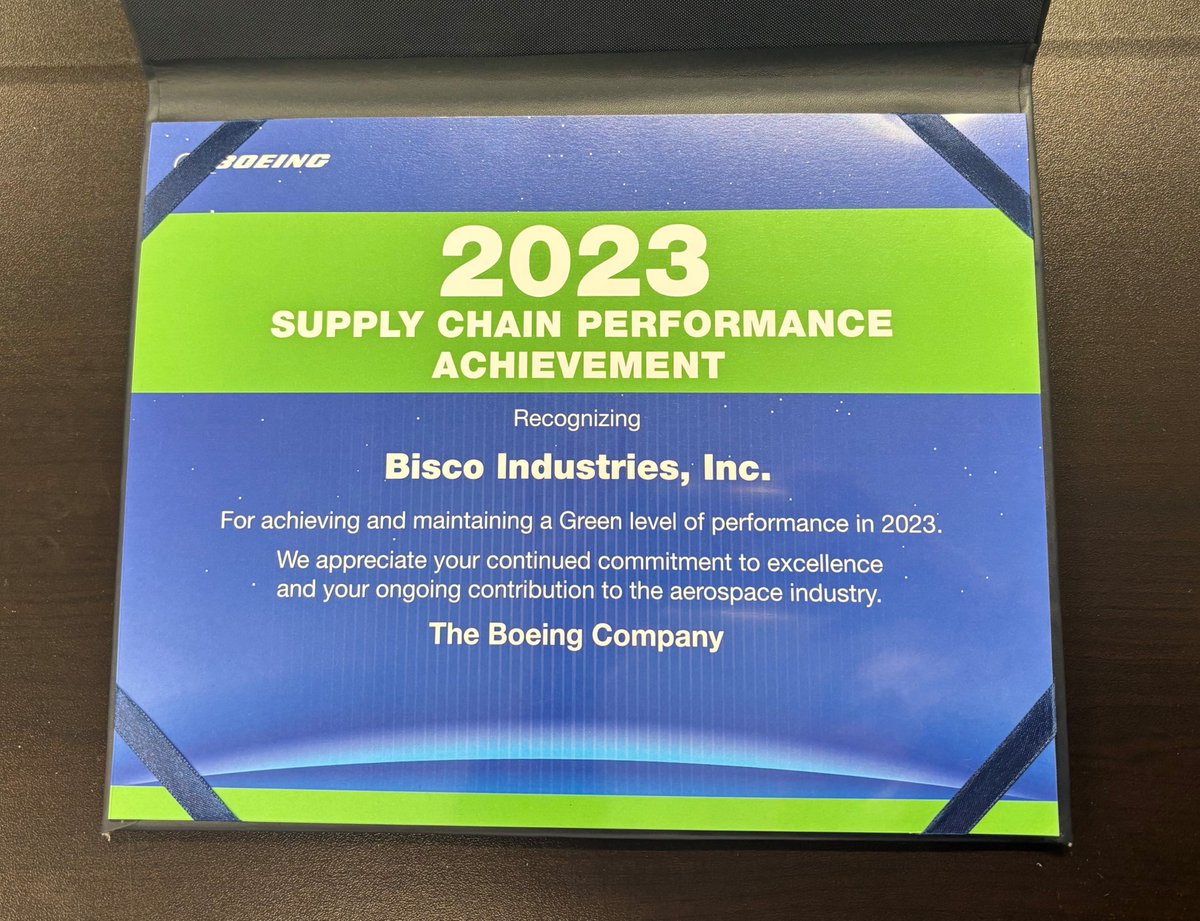 bisco industries is Proud to Receive Boeing’s Supply Chain Performance Award! 🌟
We’re grateful for this recognition of our commitment to precision and efficiency. A huge thank you to Boeing and our amazing team for making this possible. #SupplyChainExcellence