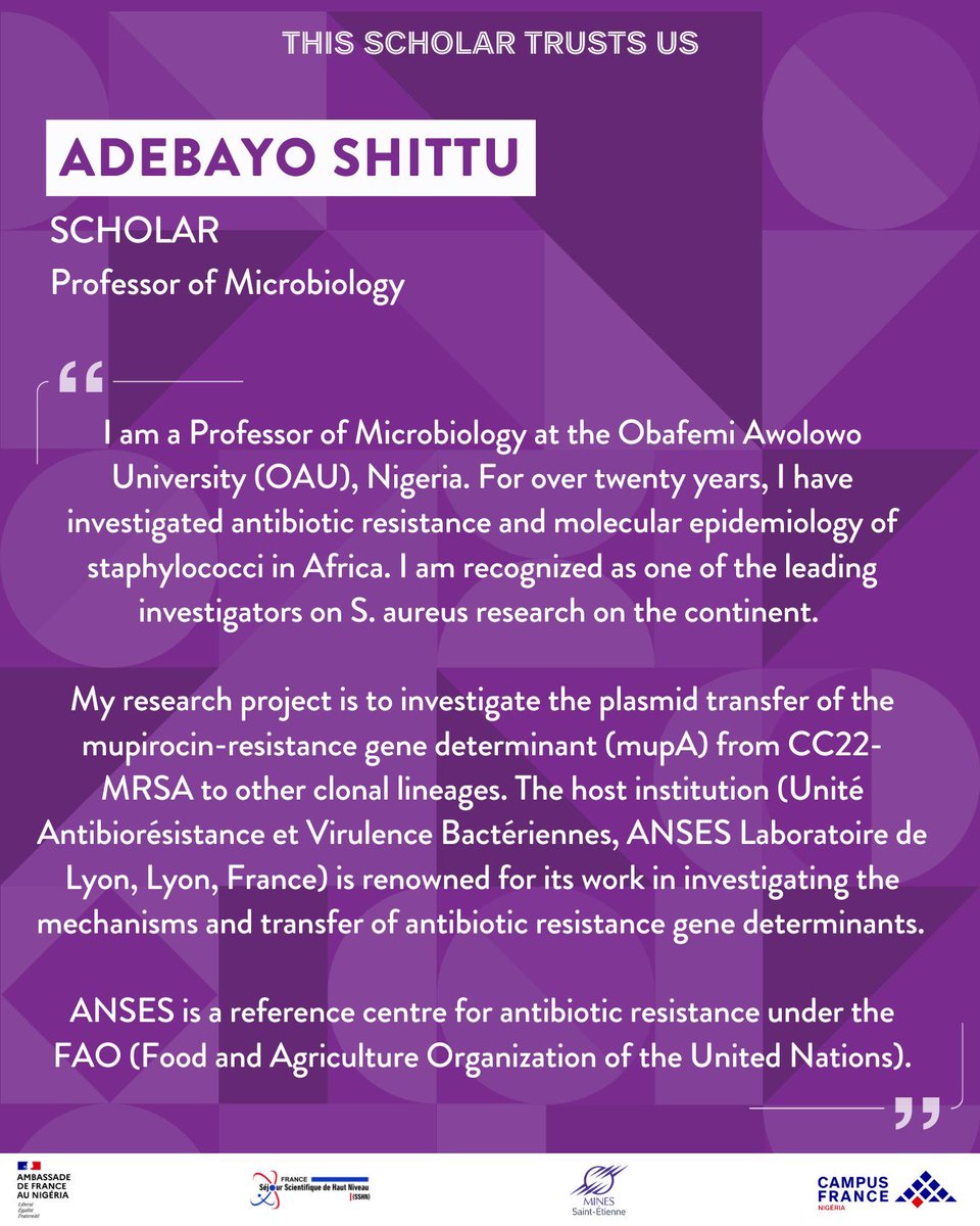📌 #MeetOurScholars | SSHN 25' 🇳🇬🇫🇷

🎓 Say congratulations to Professor Adebayo Shittu, a professor from Obafemi Awolowo University (OAU), Nigeria, who has been awarded the SSHN Scholarship! 🌟

Let’s celebrate him as he embarks on this impactful scientific journey in France.