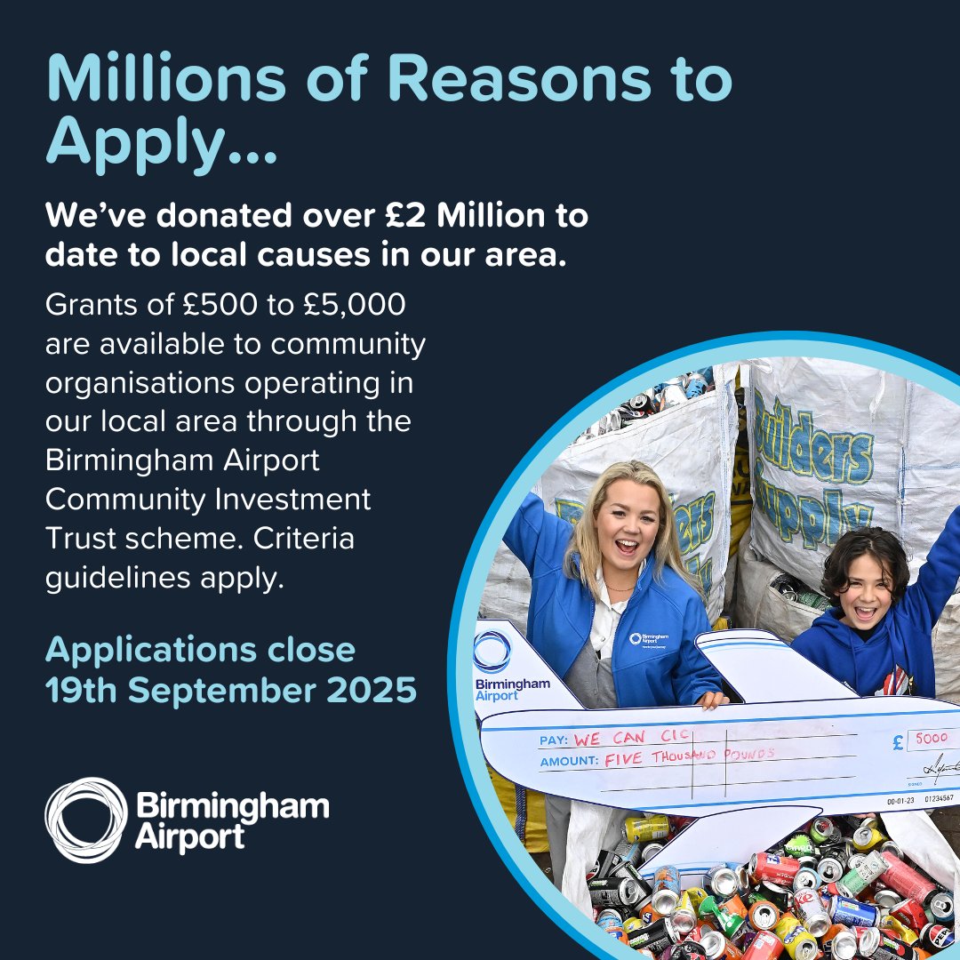 We've donated over £2.1 million to local causes in our area! 🎊 💙

The Birmingham Airport Community Trust Fund is supporting impactful community projects in our region with grants of up to £5,000 and applications are now open again!

Find out more here:  orlo.uk/4Swl1