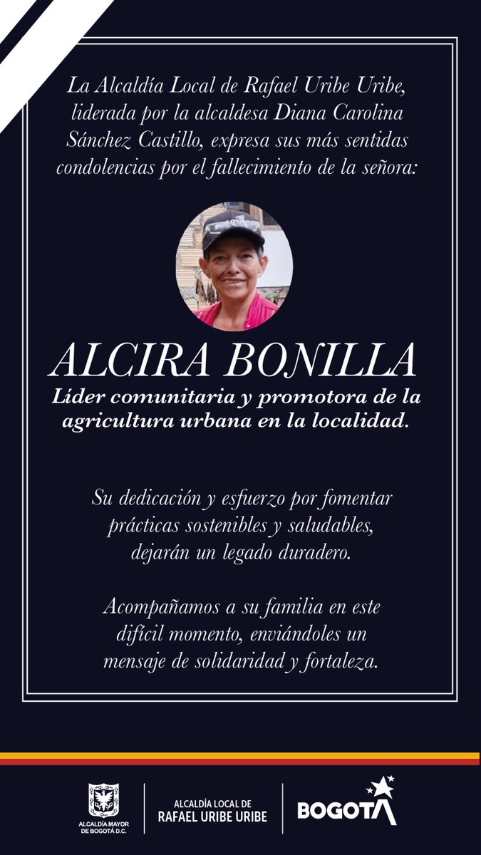 La Junta de Acción Comunal del Barrio Nuevo Pensilvania Sur, expresa sus condolencias a la familia y amigos por el fallecimiento de nuestra vecina ALCIRA BONILLA líderesa comunitaria y promotora de la agricultura urbana en la localidad. QEPD🙏
