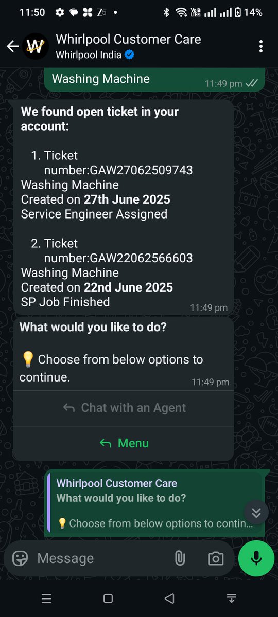 pool47489's tweet photo. Please donot purchase any Whirlpool products because they donot send their engineers for services and close calls without any information or visit,their whatsapp chat is only for show, good for nothing. @whirlpool_india @WhirlpoolCorp @whirlpoolusa  @Kelvinator @GodrejAppliance https://t.co/w98wNMDWyQ