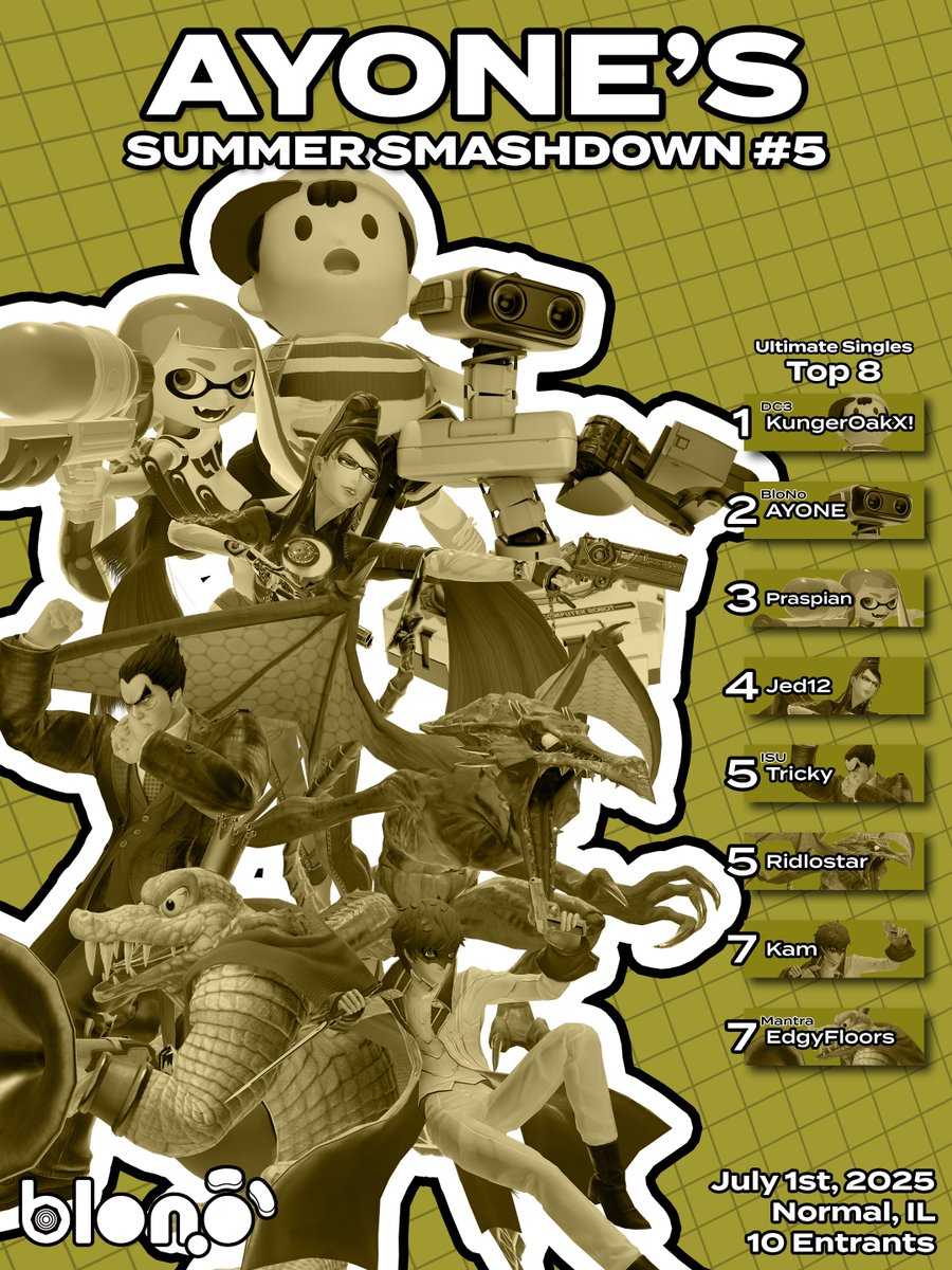Congrats to this week's AYONE's Summer Smashdown top 8! 

🎨 <a href="/AYONESSBU/">AYONE (Comms Open!!)</a> 

🥇 <a href="/Kungpowperez1/">KungerOakX!</a> 
🥈 <a href="/AYONESSBU/">AYONE (Comms Open!!)</a> 
🥉 Praspian
🏅 <a href="/Jedisnot12/">~ joshy ~</a> 
🏅 <a href="/TrickySSB/">Tricky</a> 
🏅 <a href="/ridlostar_ssbu/">Adam</a> 
🏅 <a href="/KamPlaysKirby/">@kamplayskirby.bsky.social</a> 
🏅 <a href="/EdgyFloors/">EJ</a>