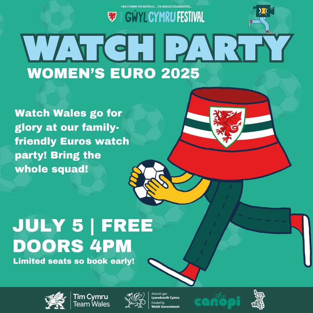 alt_wales's tweet image. We’re teaming up with The Canopi in Cardiff for watch parties for Wales’ Euro 25 matches against Netherlands & France, plus a kit customisation and upcycling workshop.
If you’re at a loose end Saturday or Wednesday, get down to The Canopi and be part of it. 🏴