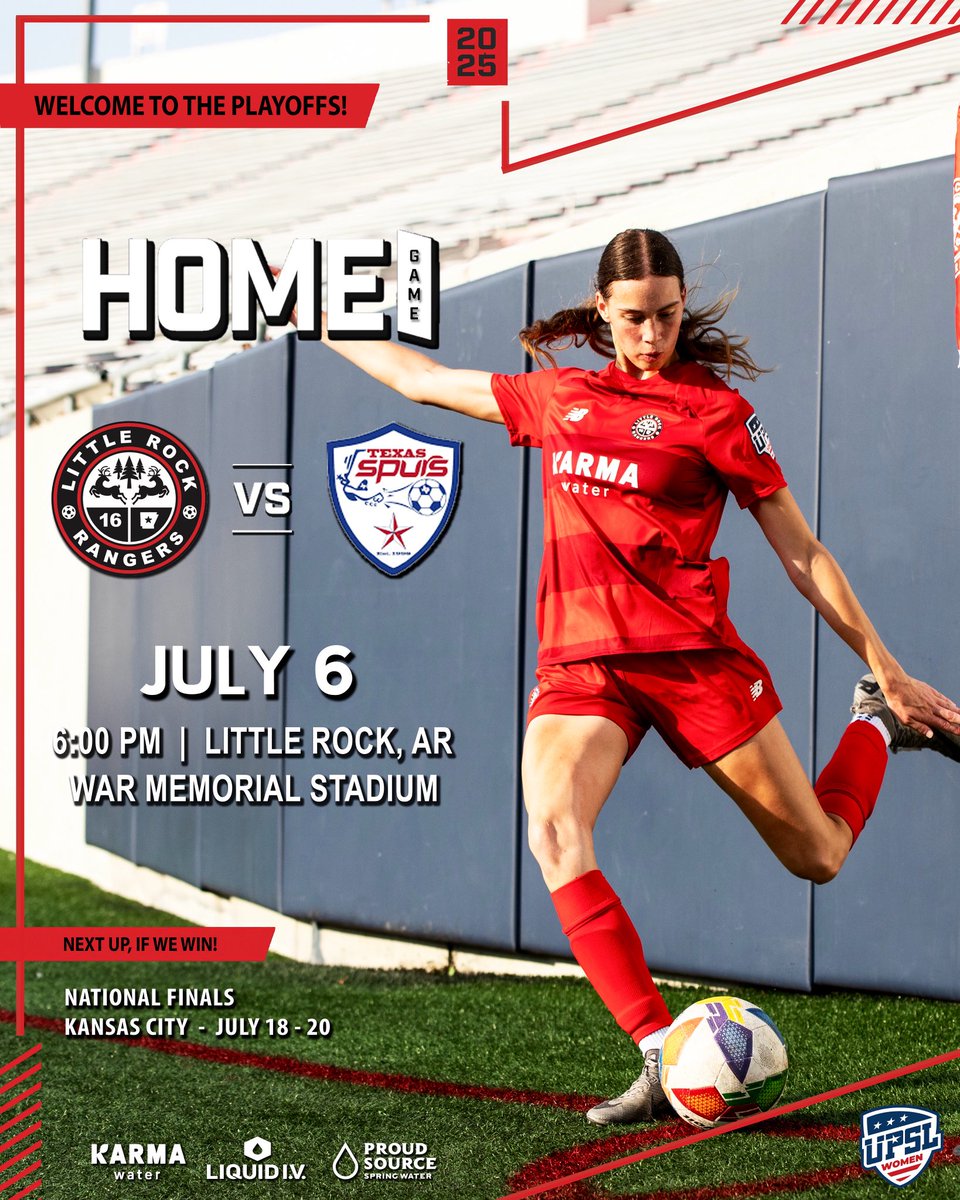 Our Rangers women hosts its first playoff match in team history, welcoming the Texas Spurs Women to Little Rock with a place in the UPSL Women National Finals on the line! 

Come see the women off in their final home game of 2025 and cheer them on to a big victory over Texas!