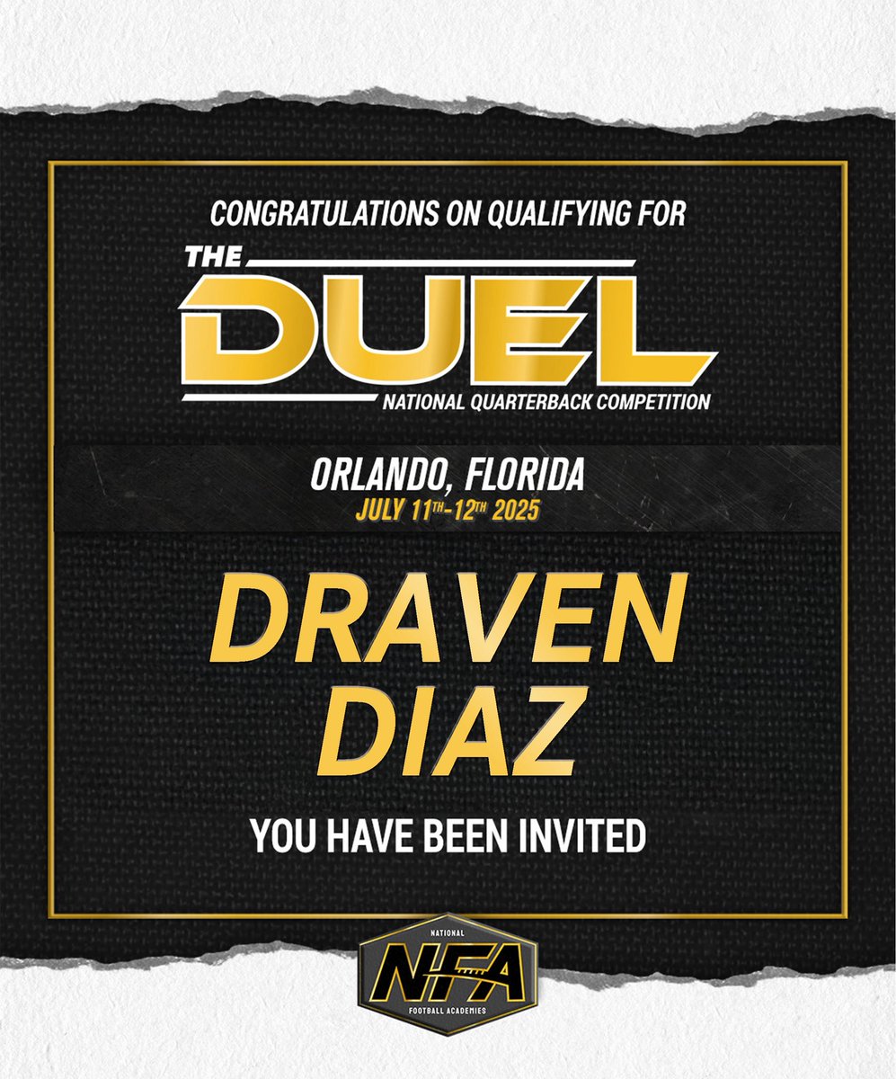 Draven Diaz (@dravendiaz2032) on Twitter photo Blessed and honored to receive an invite to one of the most prestigious QB competitions in the country β¦The Duel.
Appreciate the <a href="/NFA_Coach/">NFA Quarterback Academy</a> staff for seeing something in me! Ready to compete next week!
#TheDuel Blessed and honored to receive an invite to one of the most prestigious QB competitions in the country β¦The Duel.
Appreciate the <a href="/NFA_Coach/">NFA Quarterback Academy</a> staff for seeing something in me! Ready to compete next week!
#TheDuel