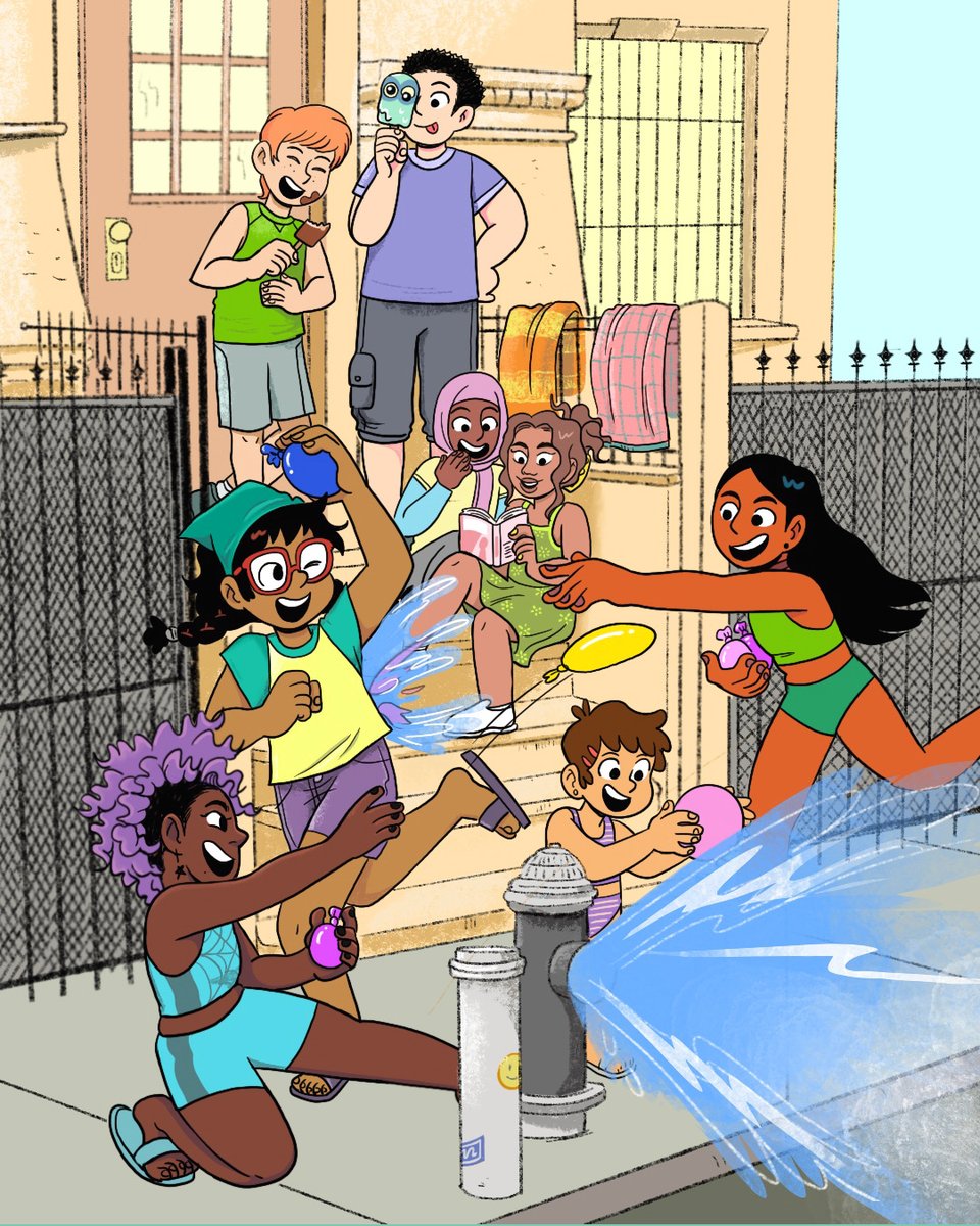 No pool? No problem. These city kids make their own splash zone. 💦 Author and illustrator of Miss Quinces and Miss Camper, @katfcomix nailed this summer vibe.