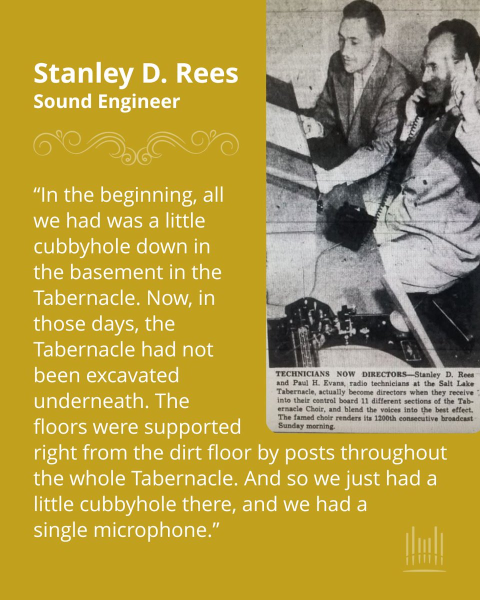TheTabChoir's tweet image. “In the beginning, all we had was a little cubbyhole in the basement ... and one single microphone.” 🎙️ Stanley D. Rees, one of the original sound engineers for Music & the Spoken Word, shared this memory of how the iconic broadcast first began.
From climbing ladders to cue the…