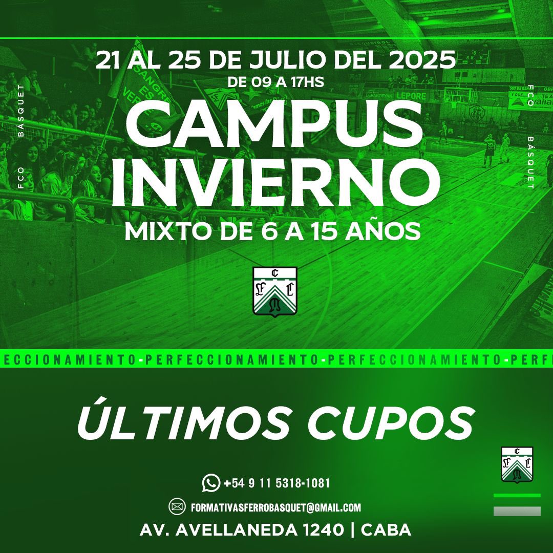 ‼️ ÚLTIMOS CUPOS ‼️

😁 Quedan los últimos cupos para este campus de invierno en el Club Ferro Carril Oeste

😉 ¡Los esperamos a todos y todas!