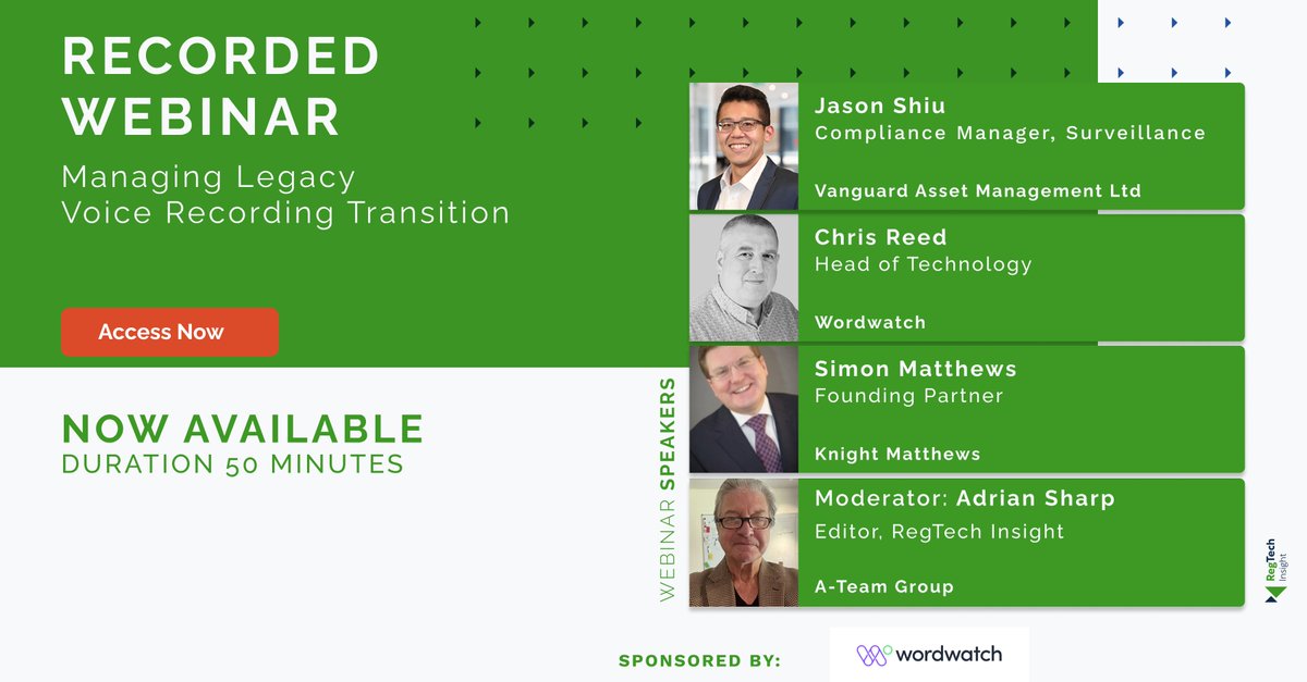 If you missed today's webinar discussion 'Are Your Legacy Voice Recordings a Compliance Time Bomb?', you're in luck!  The recording is now available!

Access it here: a-teaminsight.pulse.ly/mtwaglzzwv

#voicerecording #legacyvoice #compliance #risk <a href="/Vanguard_Group/">Vanguard</a> <a href="/Wordwatchtech/">Wordwatch</a>