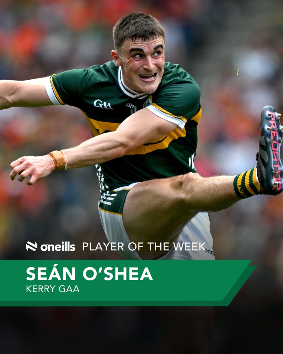 ONeills1918's tweet image. 🏆 Player of the Week 🏆
Seán O’Shea showed exactly why he’s the “spiritual leader” of the team, as hailed by Jack O’Connor. 🔥
He hit 0-12, including several from distance, guiding the Kingdom into yet another semi-final! 💚💛
@Kerry_Official
