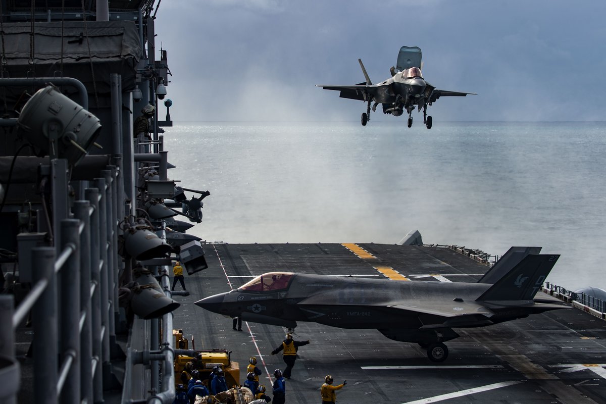 USNavy's tweet photo. Teamwork makes the dream work. ✈🚢
U.S. Marine F-35B Lightning II aircraft from Marine Fighter Attack Squadron (VMFA) 242, 31st Marine Expeditionary Unit, conduct flight operations aboard USS America (LHA 6) the Coral Sea
#USNavy #USMC #BlueGreenTeam https://t.co/Z9I4LxEUOR