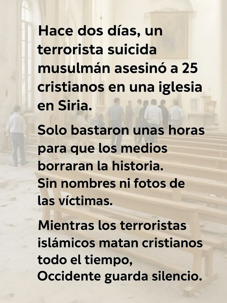 NotICE_724's tweet photo. 🔴 Primero vienen por los judíos… luego por todos los demás.

Hace solo unos días, 25 cristianos fueron asesinados en una iglesia en Siria. Silencio total. Sin marchas. Sin portadas. Sin solidaridad internacional.

El terrorismo islamista no reconoce a nadie que piense distinto. Empieza por Israel, por los judíos... y sigue por cualquiera que no se someta a su ideología.

Es importante entender que esto no es solo un problema de los judíos. Es un problema de todos. Y mientras muchos callan por miedo o corrección política, la violencia sigue avanzando.

✡️ Primero fueron las sinagogas. Hoy son las iglesias.
¿Quién sigue mañana?

Fuente: Noticias Israel en Castellano