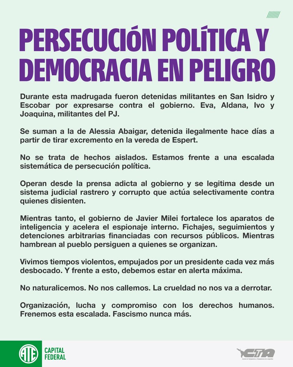 PERSECUCIÓN POLÍTICA Y DEMOCRACIA EN PELIGRO

Frente a este contexto, no podemos quedarnos de brazos cruzados.

No naturalicemos. No nos callemos. La crueldad no nos va a derrotar.

Organización, lucha y compromiso con los DD.HH. Frenemos esta escalada. Fascismo nunca más.