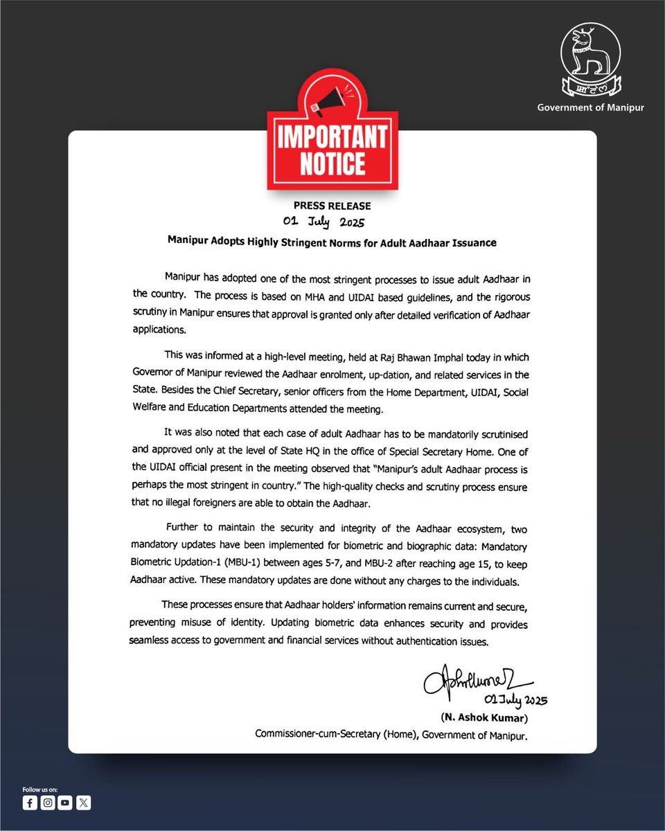 MaharajaManipur's tweet image. Indigenous people of Manipur including Fmr CM @NBirenSingh warmly welcome State Govt 's Step to strengthen Aadhaar Issuance Process for safeguarding Identity & Integrity of Indigenous People & stressed StrictCompliance with ILP provisions to prevent unauthorised settlements.