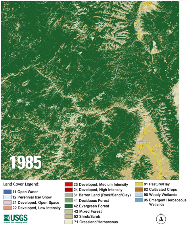 USGS_EROS's tweet photo. ICYMI: The newest version of Annual NLCD is available. Adding 2024 extends the Landsat-based U.S. land cover record to 40 years! That lets us see dramatic landscape changes over time, like this area in parts of Idaho and Montana. About the new release: https://t.co/MSpxWKtmYb https://t.co/Er2o6tehf8