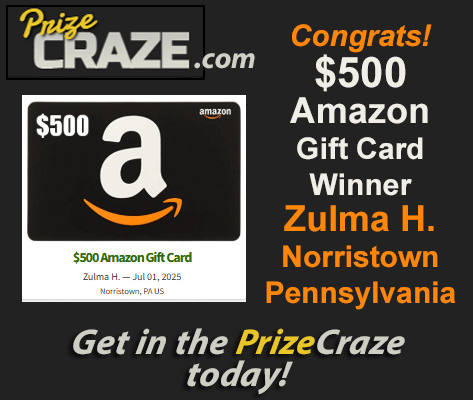 🥳Big Congrats to Zulma H. of Norristown, Pennsylvania, #Winner of the $500 #Amazon Gift Card #Giveaway on July 1, 2025!🎁🏆

If you 💝LOVE #winning FREE PRIZES...
👇
Get in the PrizeCraze today: ow.ly/ejTC50WjJmS