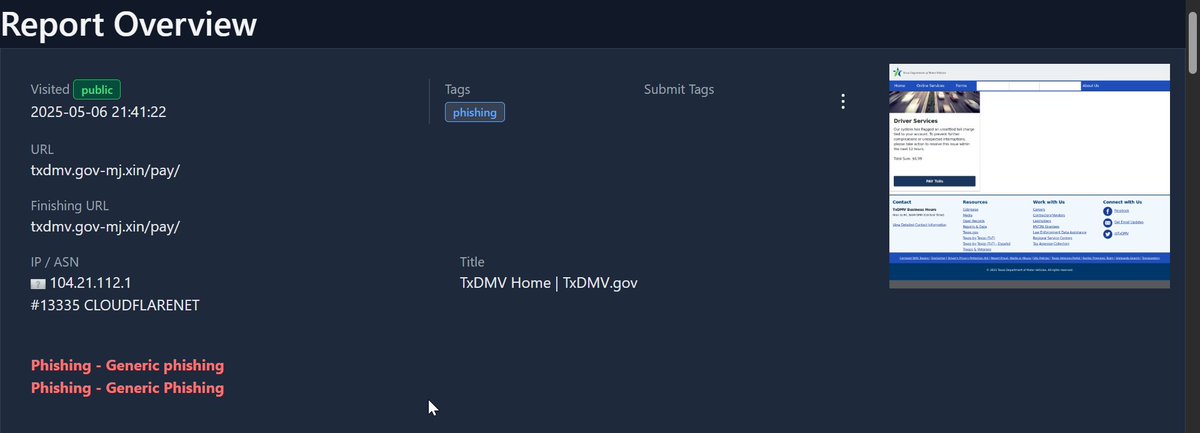 #Phishing #Campaign using #Texas Department of Motor Vehicles as lure to steal #money.

Real Website : https://www[.]txdmv[.]gov/

IoC:
43.162.121[.]243

Pattern from domains:
txdmv[.]gov-(country).win/pay/
txdmv[.]gov-(country).xin/pay/

<a href="/MichalKoczwara/">Michael Koczwara</a> <a href="/500mk500/">Mikhail Kasimov</a>