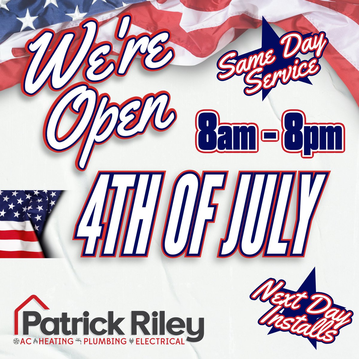 From our Patrick Riley family to yours, we wish you a safe and happy 4th of July! We know HVAC, plumbing, and electrical issues can happen at any time, so we're open from 8am - 8pm this holiday to keep you safe and comfortable no matter the emergency. HAPPY 4th of JULY EVERYONE!