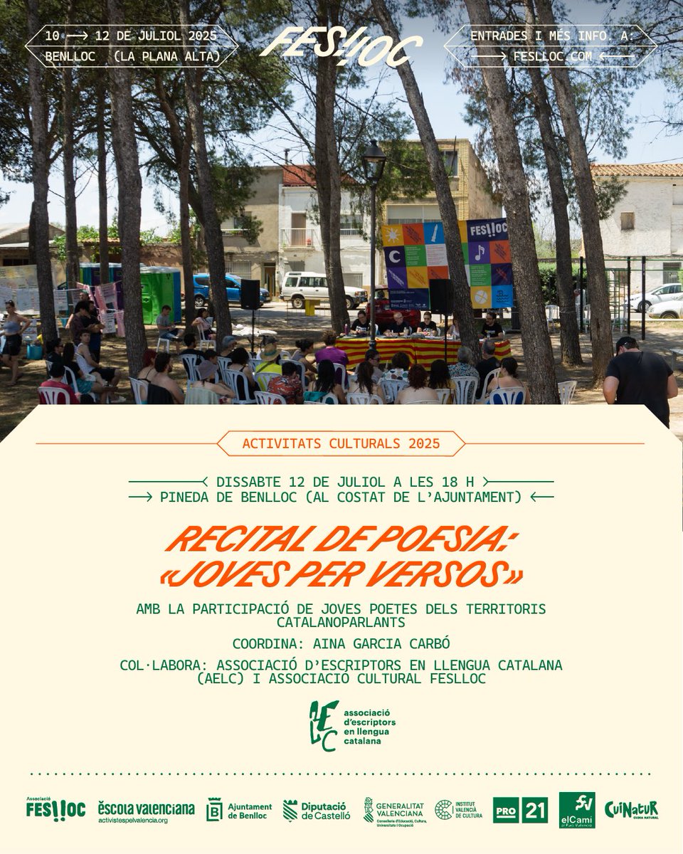 Feslloc's tweet photo. 🌿 Dissabte 12 al Feslloc… pensament crític, poesia, cinema i veus que deixen empremta.

📍Pineda i Auditori de Benlloc
⏰ Activitats durant tot el dia

Feslloc és molt més que música. És llengua, cultura i país.

📆 10- 12 de juliol 🎟️ https://t.co/L3ZsafWeqT https://t.co/5n3dfed4r1