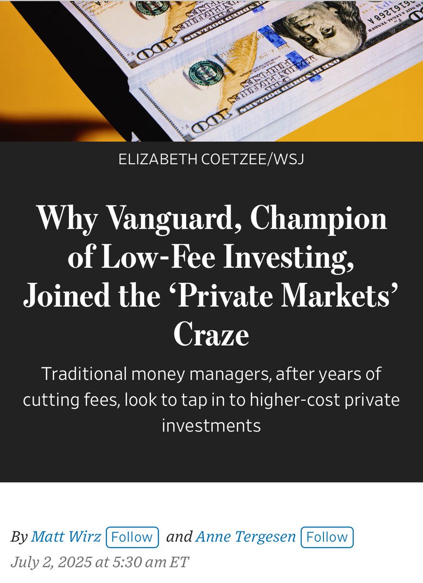 LeylaKuni's tweet image. Well, one thing that wasn’t on my BINGO card this year was appearing in the Wall Street Journal.
The piece explores how Vanguard and other retail giants are embracing high-fee private market funds, just as some of us are learning the hard way what that really means.