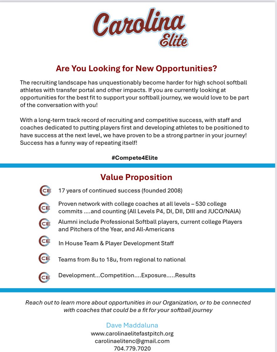 @CarolinaEliteOrg (@carelitencorg) on Twitter photo If you are looking for opportunities to join a new org/team - we want to be a part of the conversation. From 8u to 18u from regional to national teams, we have options! Reach out for a conversation or to be connected with a coach who may provide a great fit ! If you are looking for opportunities to join a new org/team - we want to be a part of the conversation. From 8u to 18u from regional to national teams, we have options! Reach out for a conversation or to be connected with a coach who may provide a great fit !