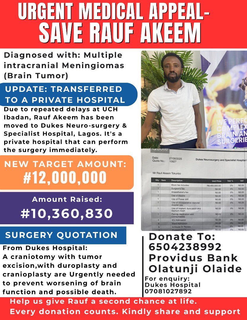 SaveAkeemRauf's tweet photo. We give glory to Almighty God as we move closer to our target amount for Rauf Akeem’s donation. Kindly help share and retweet to spread awareness and help us reach our goal.
We are almost there 

#saveakeemrauf
#HealthTips 
#braintremor https://t.co/Pdm0rQoieA