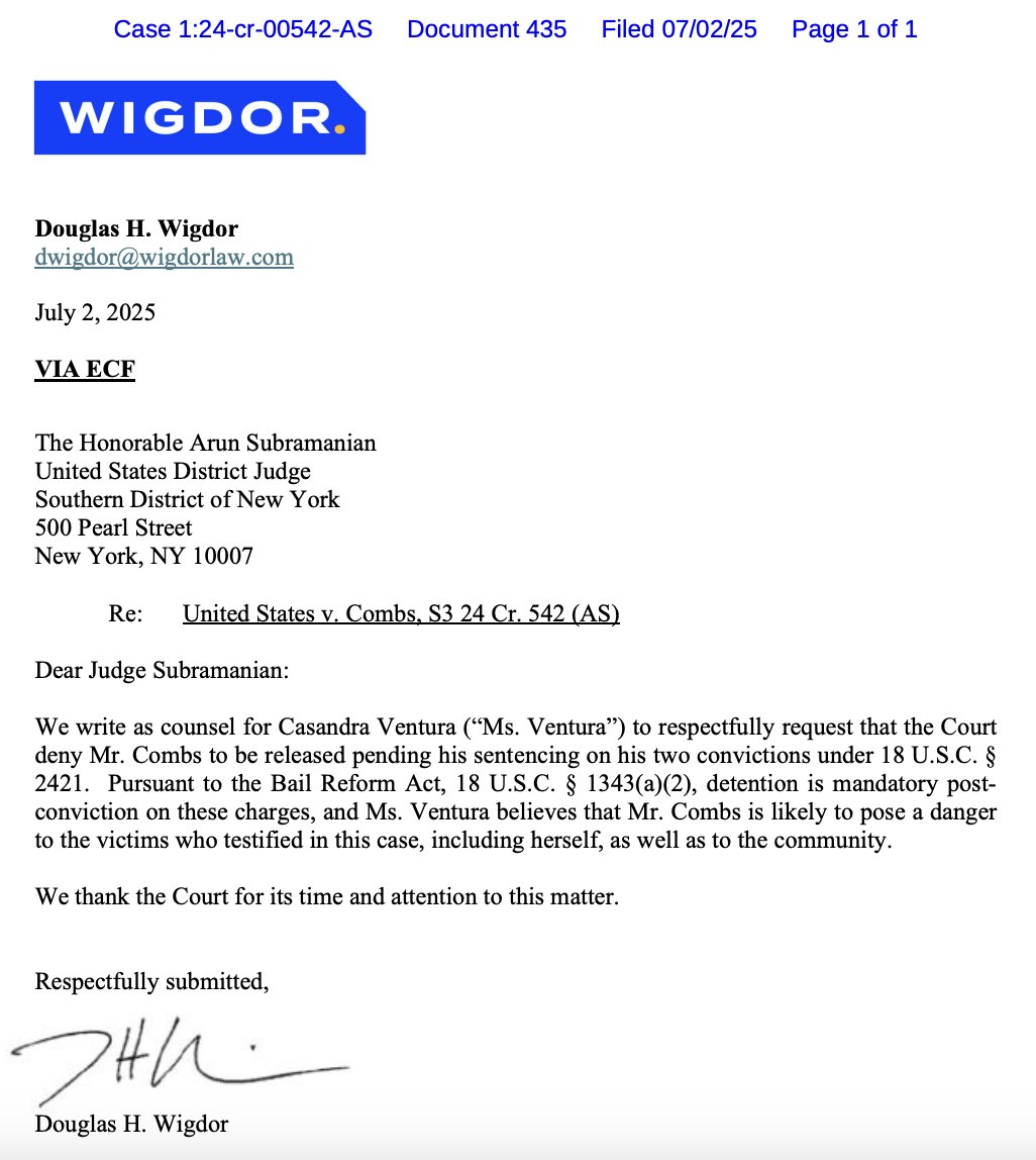 Cassie is opposing Sean "Diddy" Combs' release from federal custody.

"Ms. Ventura believes that Mr. Combs is likely to pose a danger to the victims who testified in this case, including herself, as well as to the community."
