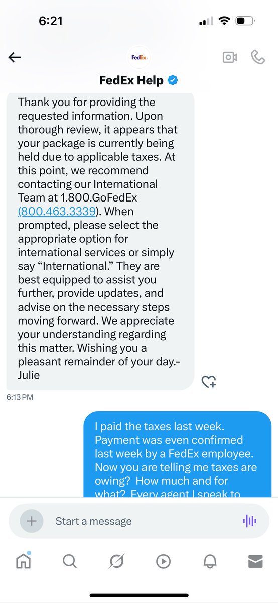 pnaumis's tweet photo. @FedEx @DHLexpress @fedex one agent tells me to communicate with FedEx International the other tells me to communicate with FedEx Canada.  Both know nothing.  Isn’t it time to admit you lost my package, compensate me and let me move on?  You are multi billion $$ entity. I am an individual! https://t.co/ErWhgDGPbZ