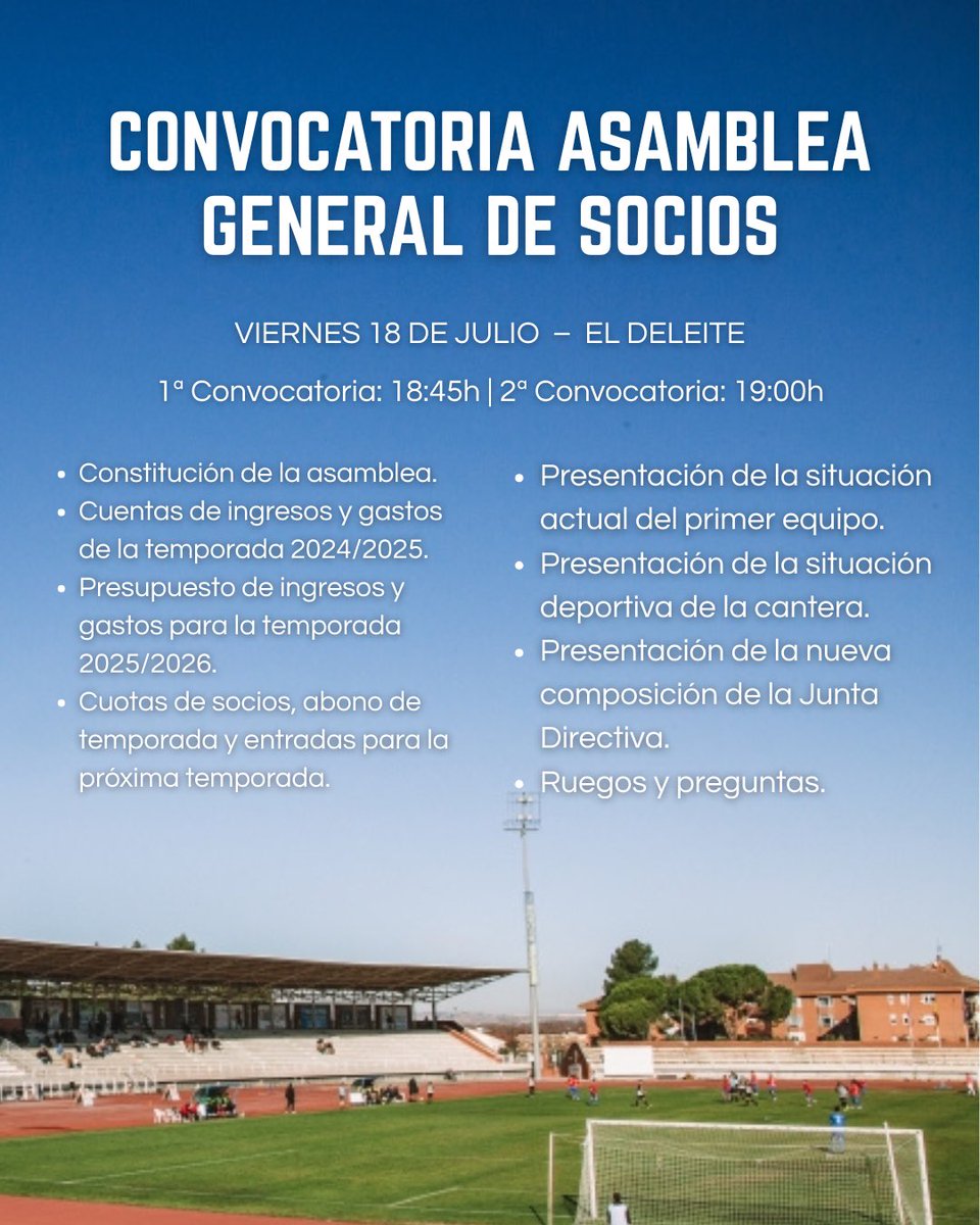 📣 El club convoca a todos sus socios a la Asamblea General Ordinaria

📆 Viernes 18 de julio

📍 Sala de prensa de El Deleite

⏰ Primera convocatoria: 18:45h
⏰ Segunda convocatoria: 19:00h

#VamosAranjuez #OrgulloRibereño