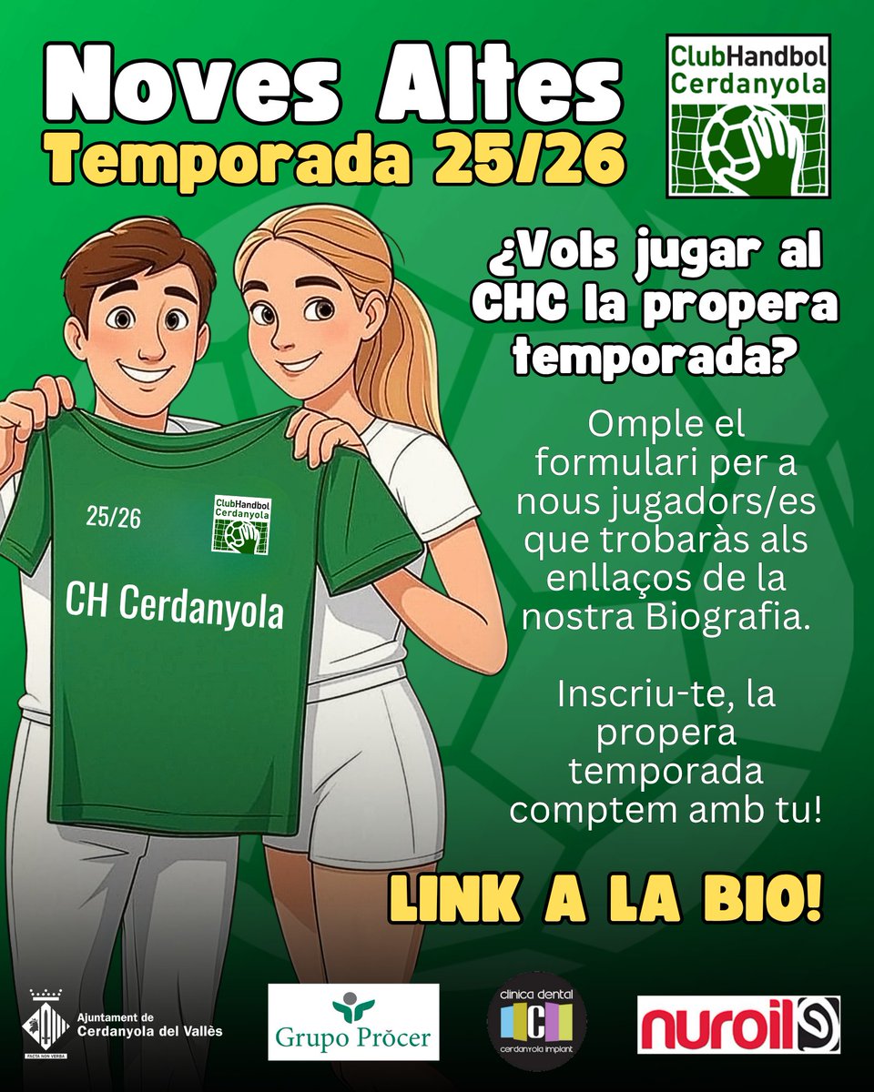 🤾‍♂️🤾‍♀️ Vols jugar al Club Handbol Cerdanyola la propera temporada? Obrim el període de NOVES ALTES de per a la temporada 2025/26!!

✍️ Omple el formulari que trobaràs als enllaços de la Biografia del nostre Instagram!

💚 La propera temporada comptem amb tu, t'esperem!!