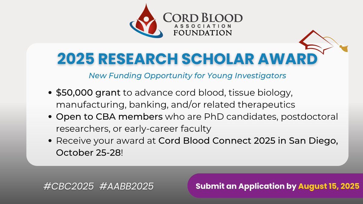 The CBA Foundation is proud to announce the new 2025 Research Scholar Award! This $50,000 grant will support promising early-career investigators advancing research in #CordBlood and tissue biology. 

Proposals are due by August 15. Learn more and apply: buff.ly/DhRGNna