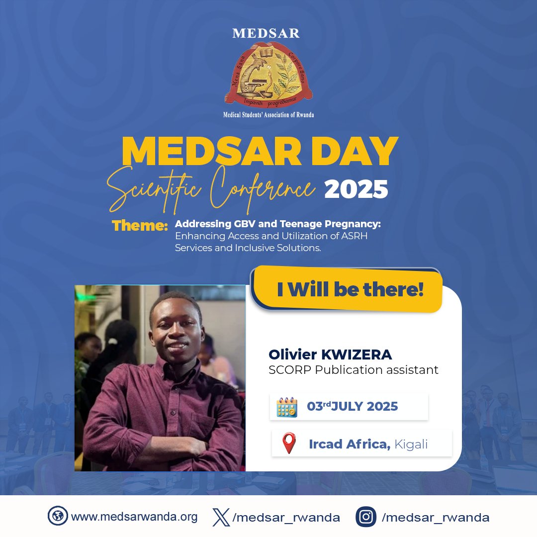 As a SCORP Publication Assistant, I’m proud to contribute to raising awareness and driving impactful conversations for a better future. Let’s make a difference together! 💙✨

#MEDSARDay2025 #YouthForChange #GBV #TeenagePregnancy #ASRH #MedicalStudents #Rwanda