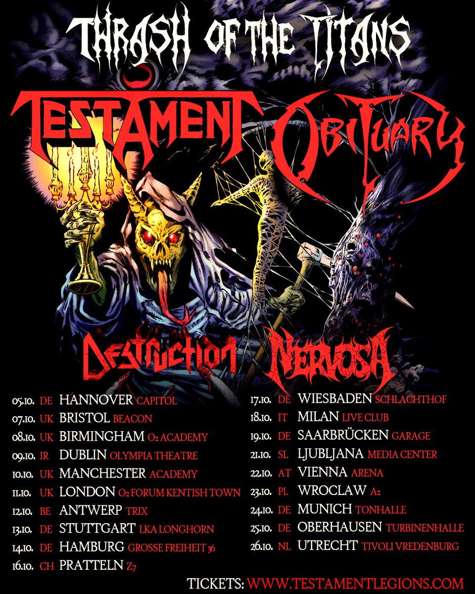 testament's tweet image. August marks the beginning of our Latin American Tour!
Come October, we&apos;re back in Europe!

Check out dates &amp;amp; tickets at testamentlegions.com