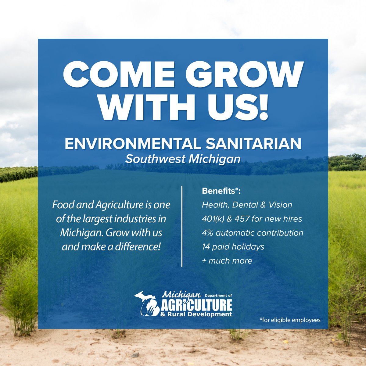 MichDeptofAg's tweet image. Join our team! We’re recruiting for a full-time Environmental Sanitarian in Southwest Michigan. The position is responsible for field activities of the Migrant Labor Housing (MLH) Program within an assigned geographical district. Learn more: bit.ly/3Gt3SYv