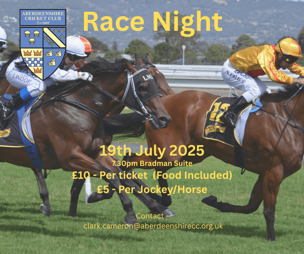 AberdeenshireCC's tweet photo. Race Night Fundraiser – Join the Fun and Support Aberdeenshire Cricket Club!

Tickets, Horse and Jockeys all available to purchase now, full details in link below:
.
https://t.co/qreAkx219L https://t.co/6wkbclDlbd