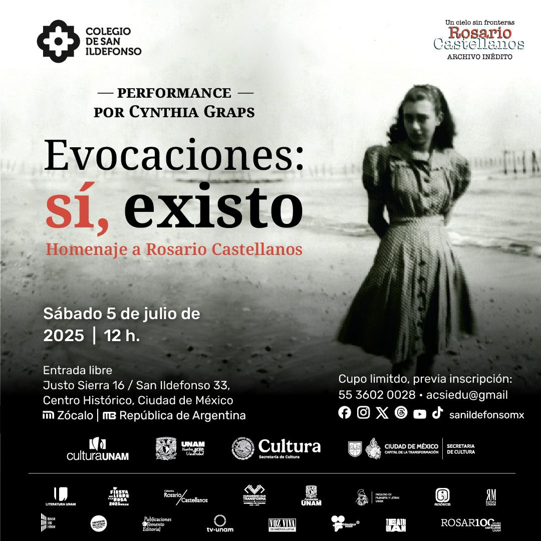 En el marco de la exposición "Un cielo sin fronteras. Rosario Castellanos. Archivo inédito", se presenta "Evocaciones: sí, existo", un performance participativo que celebra la sensibilidad y la fuerza de Rosario Castellanos. 

Inspirada en sus versos sobre identidad, espejos y