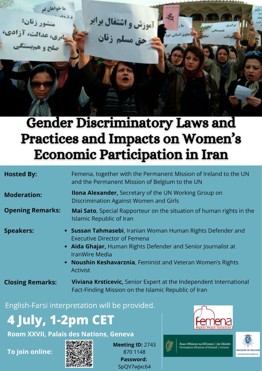 Join Femena at #UNHRC on July 4, 2025, at 1:00-2:00pm for an important discussion on situation of Iranian women, including social &amp; economic discrimination as well as women’s achievements. Join us in Room XXVII at the Palais des Nations in Geneva. Use the QR Code to register.
