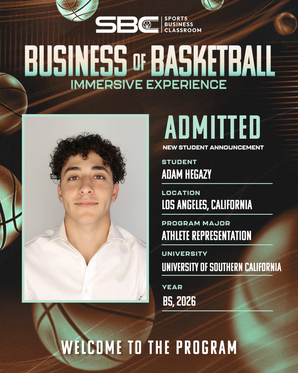 SportsBizClass's tweet photo. Welcome Adam Hegazy to SBC 2025! 📑🏀
A USC student from Los Angeles, Adam joins the Athlete Representation major this July to explore the business behind player advocacy and contracts.
#SBC2025 #AthleteRepresentation #BreakIntoBasketball #NBASummerLeague #FutureAgents https://t.co/k3E5mb2tLc