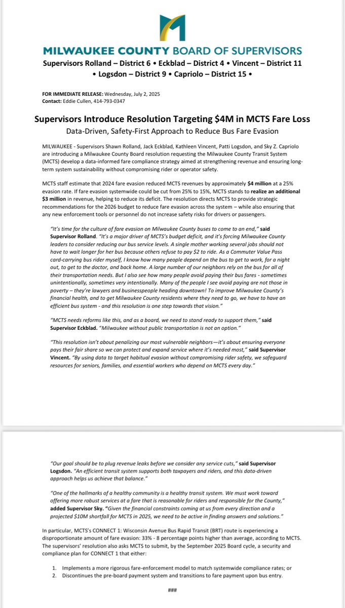 It’s time for the culture of fare evasion on Milwaukee County buses to end. Grateful for Supervisors Eckblad, Vincent, Logsdon and Capriolo for co-sponsoring this step forward to a more financially sustainable bus system that we can rely on.