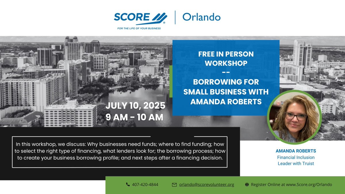 💰 Need funding for your small biz but not sure where to start?
Join us IN PERSON on July 10 | 9:00–10:00 AM (ET) for a crash course in smart borrowing.

📍 Meet us in person and get real-world advice to boost your business bankability!

👉 RSVP now: 
score.org/orlando/event/…