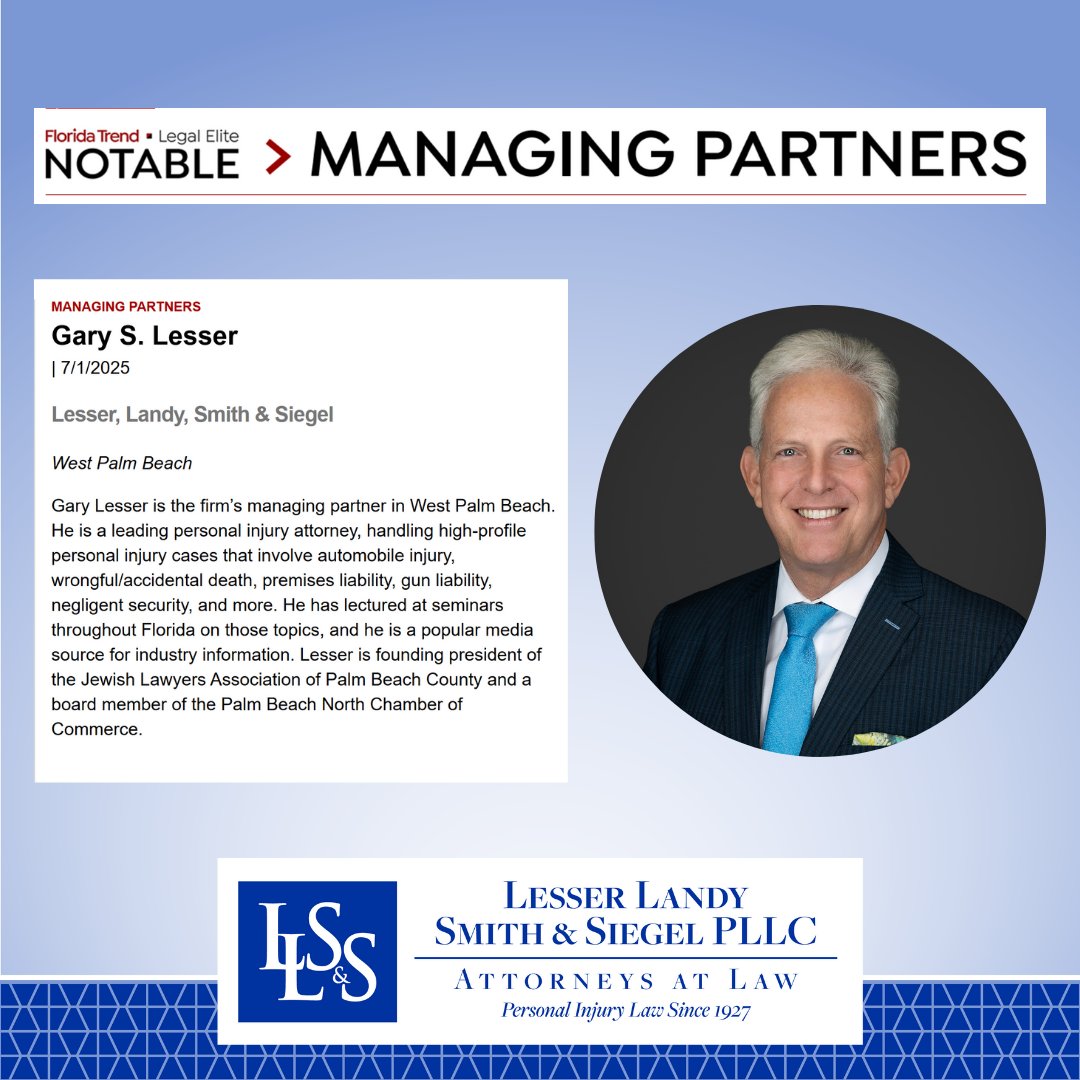 Congratulations to our Managing Partner <a href="/GarySLesserEsq/">Gary S. Lesser</a>, who was named a <a href="/FloridaTrend/">Florida Trend</a>  Legal Elite Notable - Managing Partner for the third consecutive year!
Learn more: lesserlawfirm.com/newsroom/flori…